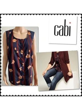 CAbi Scroll Sleeveless Top Woman Size Small Navy Brown Stripe Floral 3600 Small